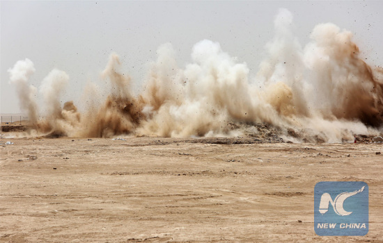 China Gezhouba Group Corporation (CGGC) officially launched blasting operation on Thursday on the infrastructure networks site at the Kuwaiti South AL Mutlaa Residential Project in the desert region of central Kuwait. (Xinhua/Nie Yunpeng)