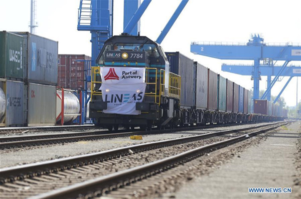 The China-Europe freight train from Tangshan of China arrives at Antwerp Port, Belgium, May 12, 2018. A freight train service has been launched from a port in Tangshan of north China's Hebei Province to Belgium, a further line for freight between China and Europe. (Xinhua/Ye Pingfan)