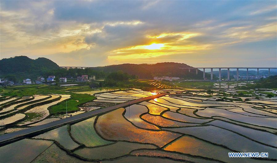 Sunset strikes terraced fields in C China's Hunan